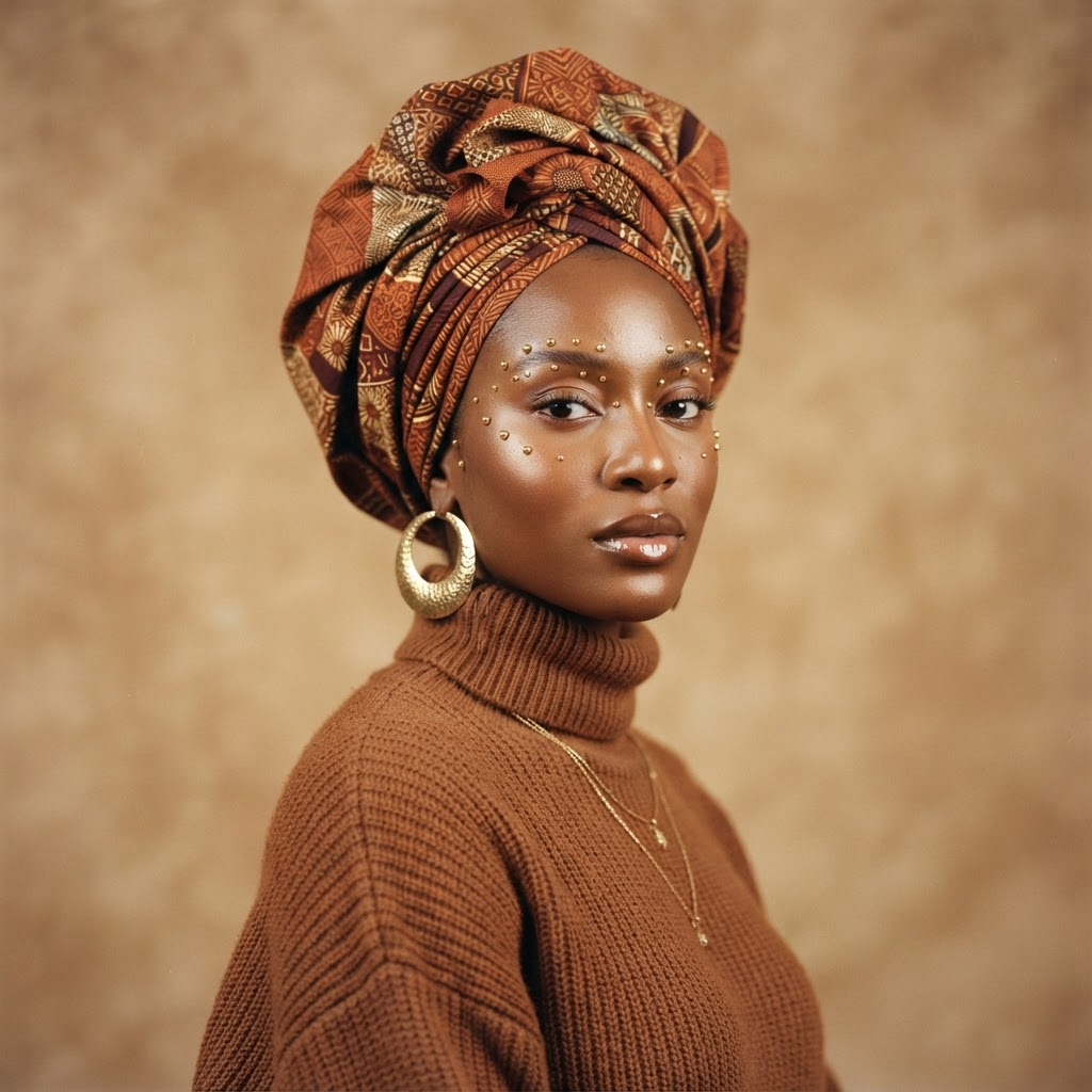 Woman wearing a heritage headwrap and warm knitwear